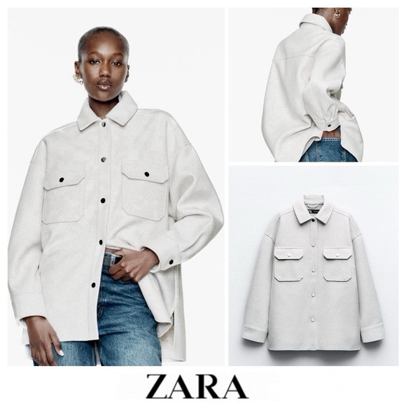 Zara Oversized Shacket Utility Jackets Size XS Grey Cream